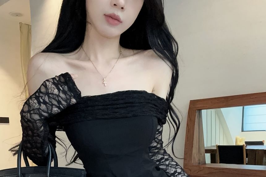 Off-Shoulder Lace Panel Top with Mini Skirt Set