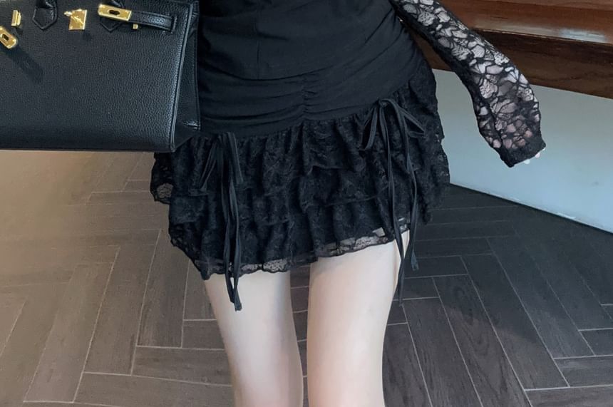 Off-Shoulder Lace Panel Top with Mini Skirt Set