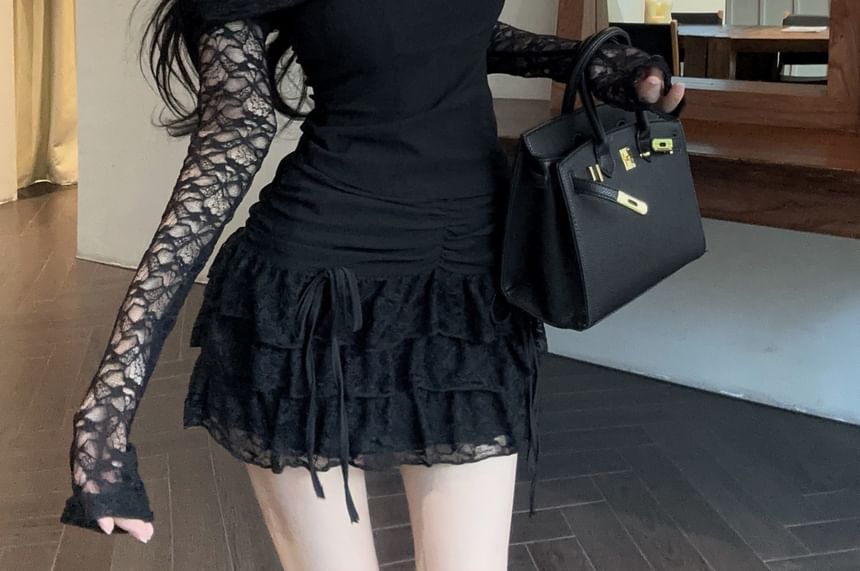 Off-Shoulder Lace Panel Top with Mini Skirt Set