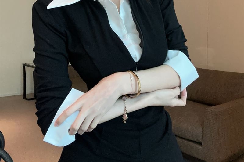 Two-Tone Collared Long-Sleeve Knit Polo