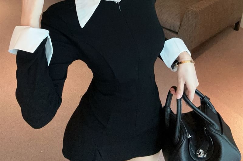 Two-Tone Collared Long-Sleeve Knit Polo