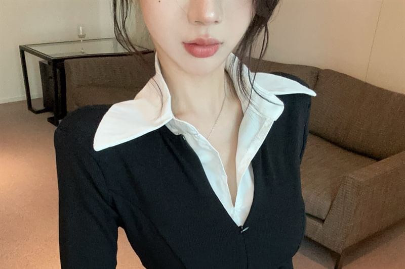 Two-Tone Collared Long-Sleeve Knit Polo