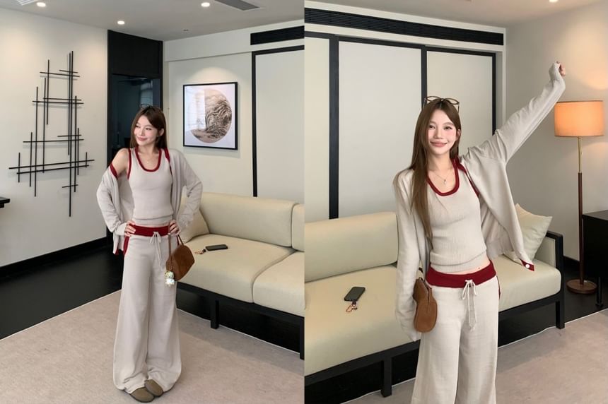 Contrast Trim Button-Up Cardigan / Scoop Neck Ribbed Tank Top / Drawstring Waist Wide Leg Pants / Set