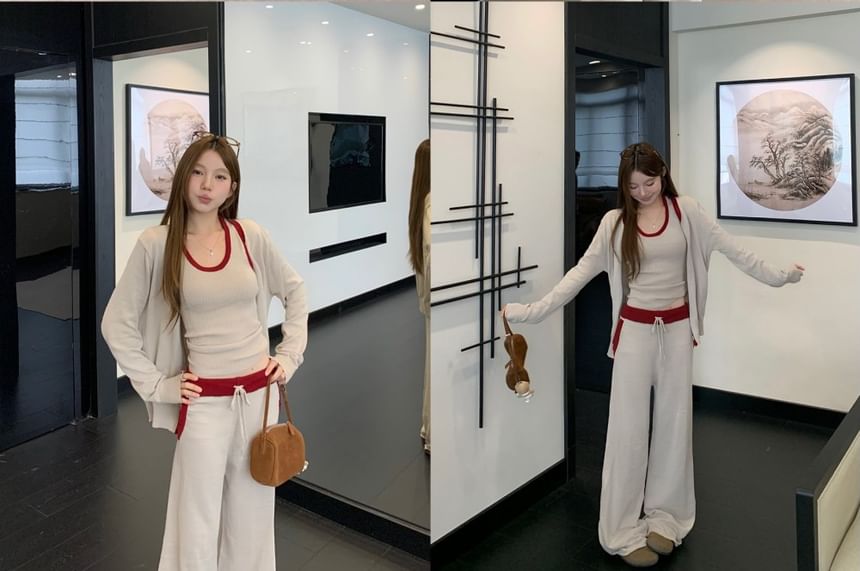Contrast Trim Button-Up Cardigan / Scoop Neck Ribbed Tank Top / Drawstring Waist Wide Leg Pants / Set