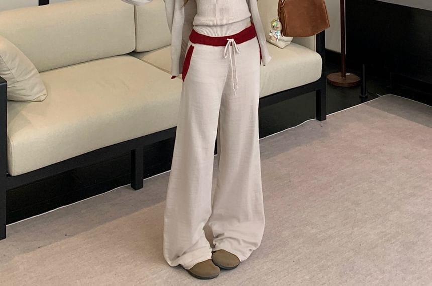 Contrast Trim Button-Up Cardigan / Scoop Neck Ribbed Tank Top / Drawstring Waist Wide Leg Pants / Set
