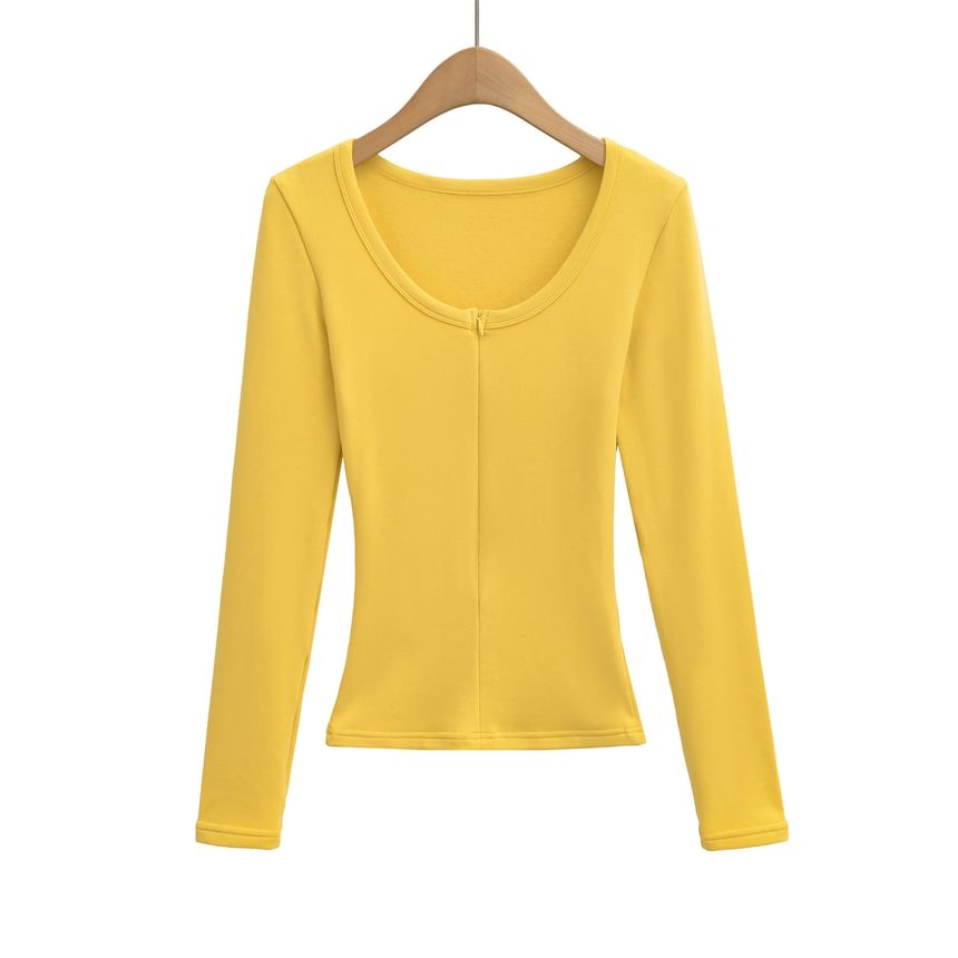Zipper Front Scoop Neck Long-Sleeve Tee