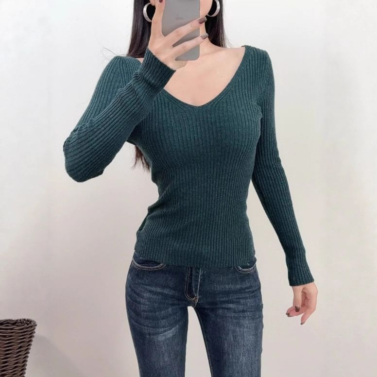V-Neck Ribbed Knit Long-Sleeve Top