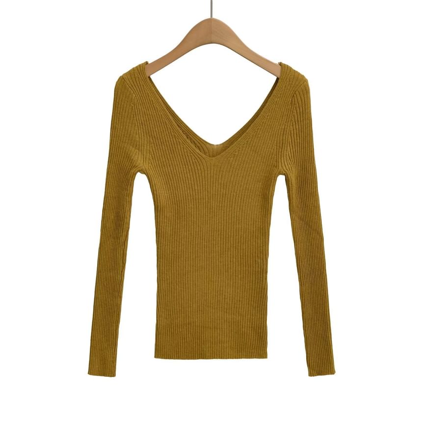 V-Neck Ribbed Knit Long-Sleeve Top