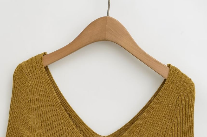 V-Neck Ribbed Knit Long-Sleeve Top