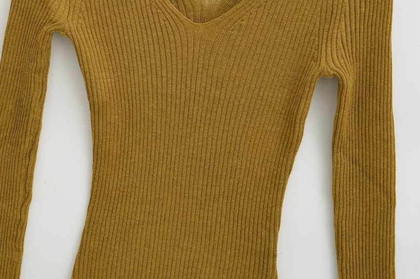 V-Neck Ribbed Knit Long-Sleeve Top