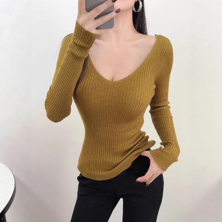 V-Neck Ribbed Knit Long-Sleeve Top