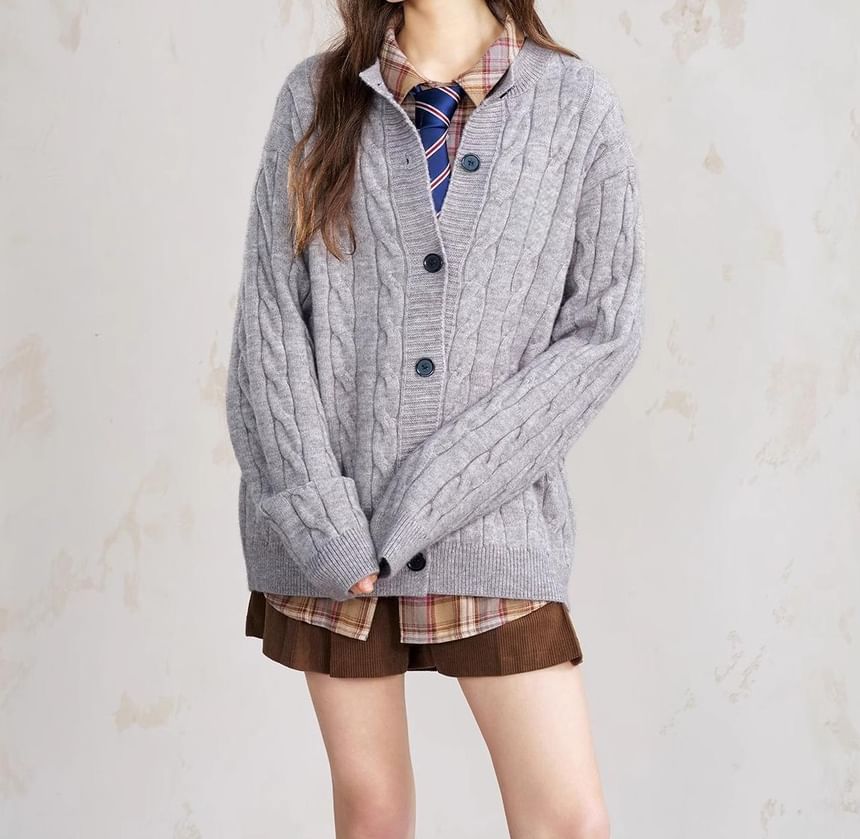 Crew Neck Button-Up Plain Cable Knit Cardigan