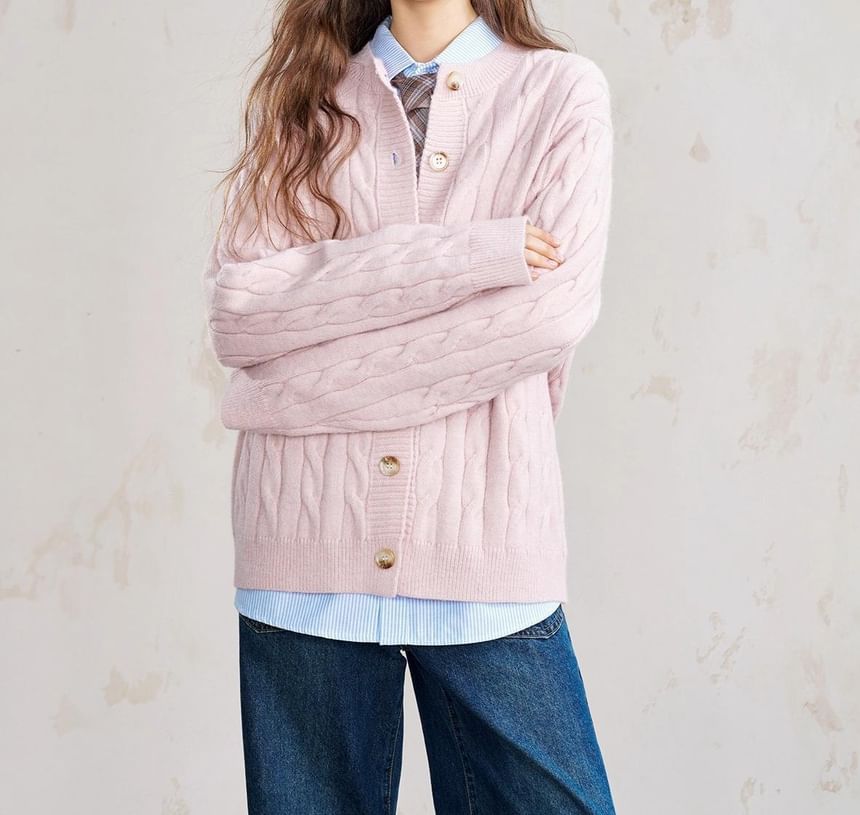 Crew Neck Button-Up Plain Cable Knit Cardigan