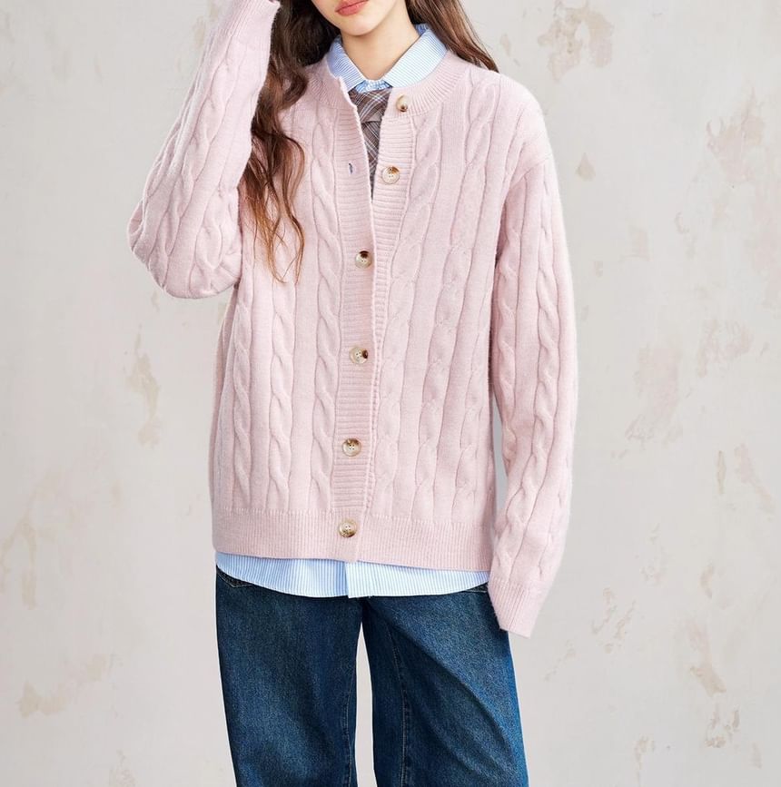 Crew Neck Button-Up Plain Cable Knit Cardigan