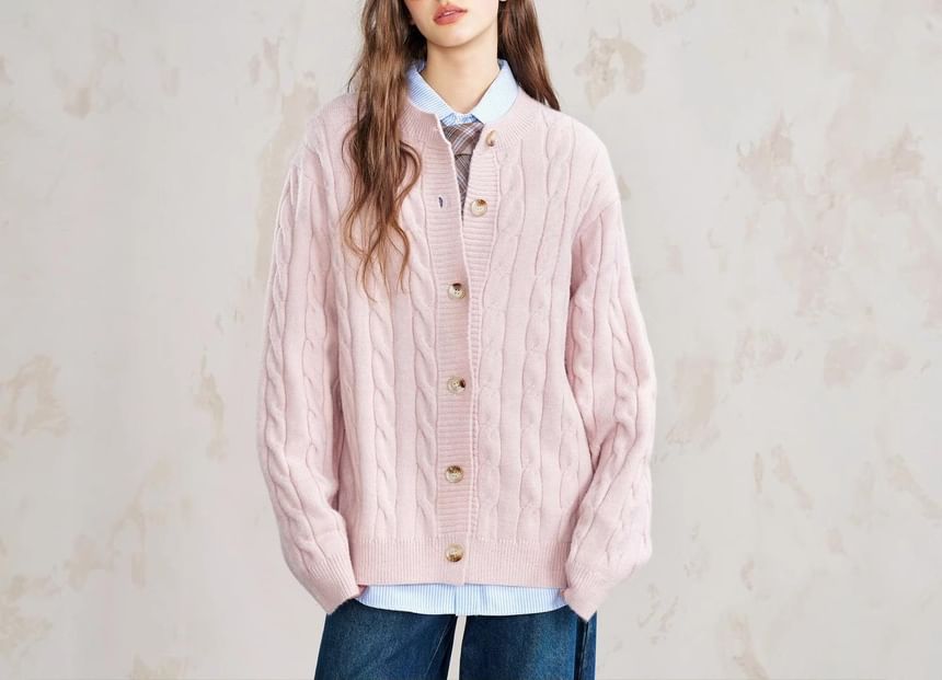 Crew Neck Button-Up Plain Cable Knit Cardigan
