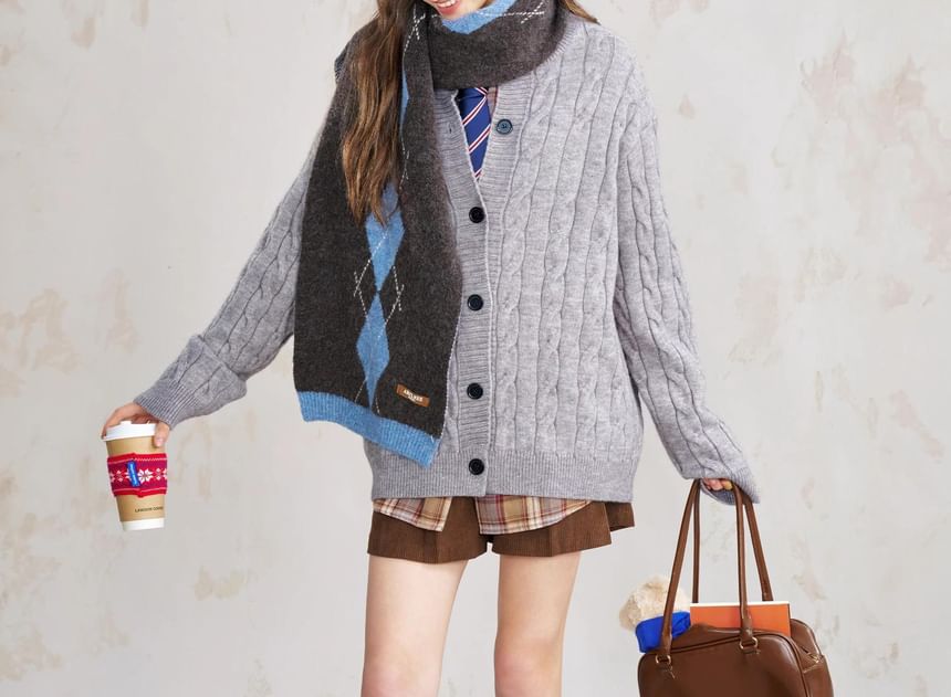 Crew Neck Button-Up Plain Cable Knit Cardigan
