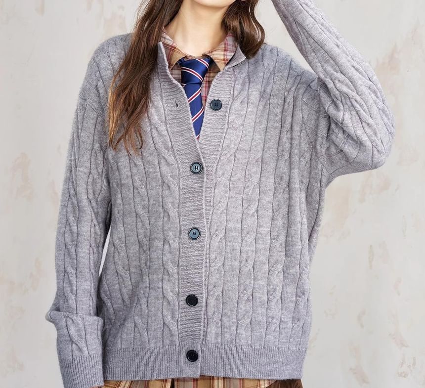 Crew Neck Button-Up Plain Cable Knit Cardigan