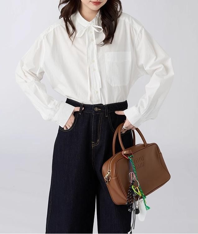 Stand Collar Button-Front Long-Sleeve Blouse