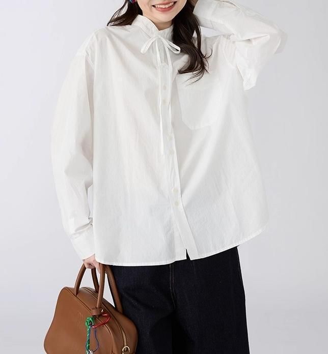 Stand Collar Button-Front Long-Sleeve Blouse