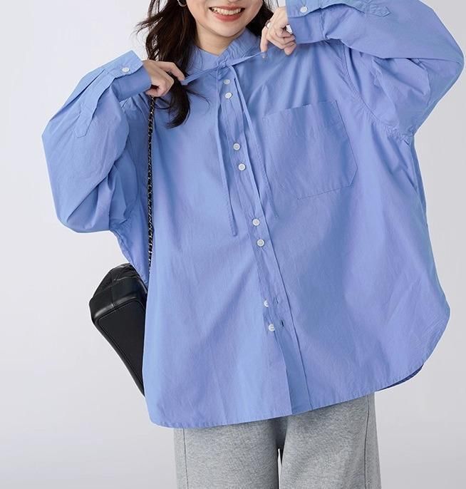 Stand Collar Button-Front Long-Sleeve Blouse