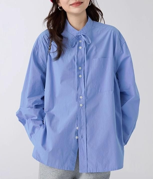 Stand Collar Button-Front Long-Sleeve Blouse