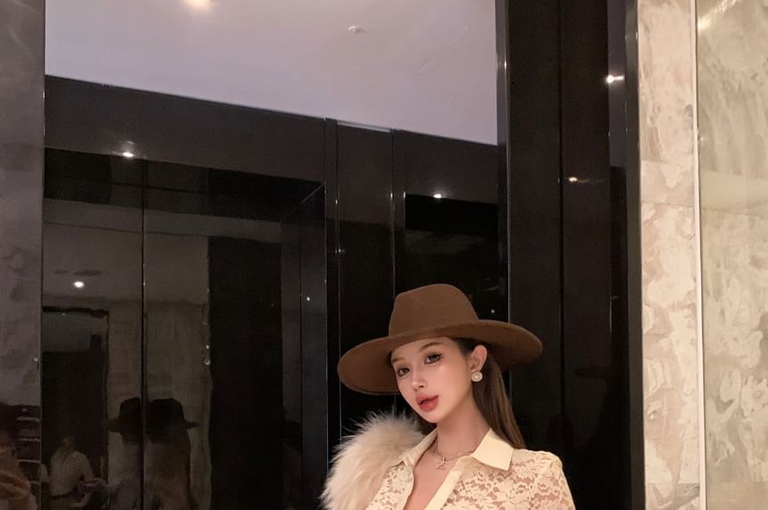 Lace Half-Button Long-Sleeve Top and Maxi Skirt Set