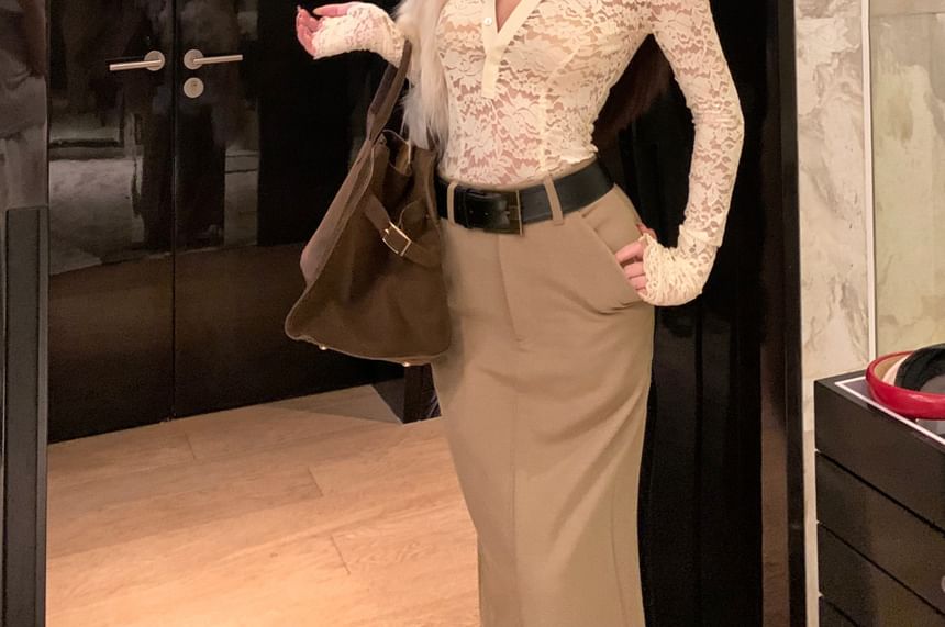 Lace Half-Button Long-Sleeve Top and Maxi Skirt Set