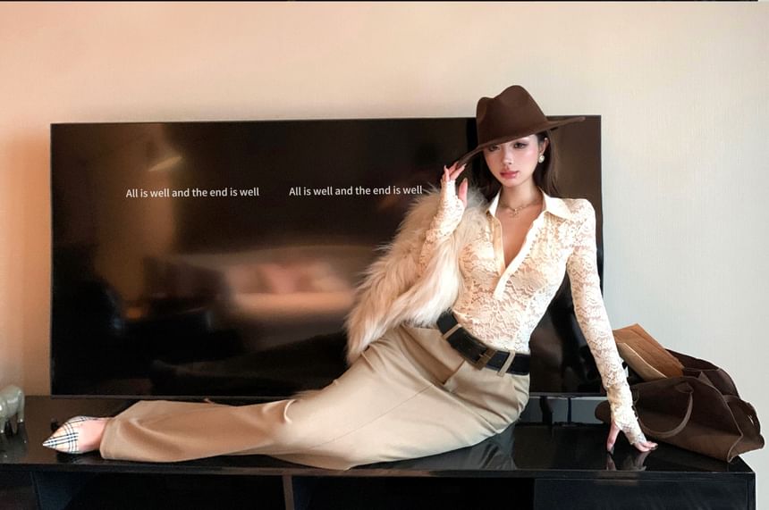 Lace Half-Button Long-Sleeve Top and Maxi Skirt Set
