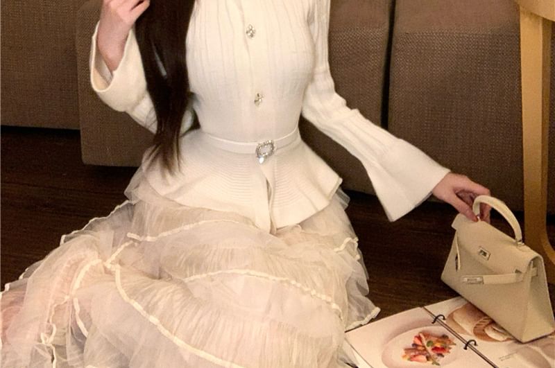 Belted Long-Sleeve Knit Top with High-Waist Mesh Skirt Set