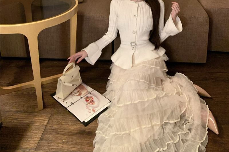 Belted Long-Sleeve Knit Top with High-Waist Mesh Skirt Set