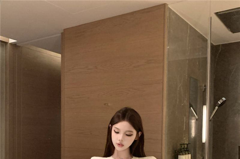 Belted Long-Sleeve Knit Top with High-Waist Mesh Skirt Set