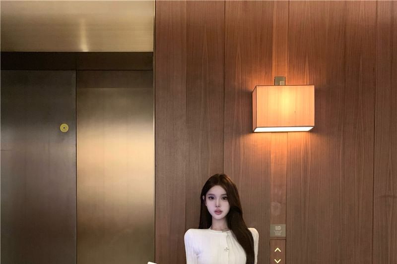 Belted Long-Sleeve Knit Top with High-Waist Mesh Skirt Set