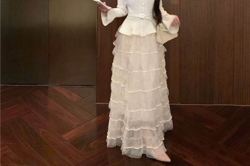 Belted Long-Sleeve Knit Top with High-Waist Mesh Skirt Set