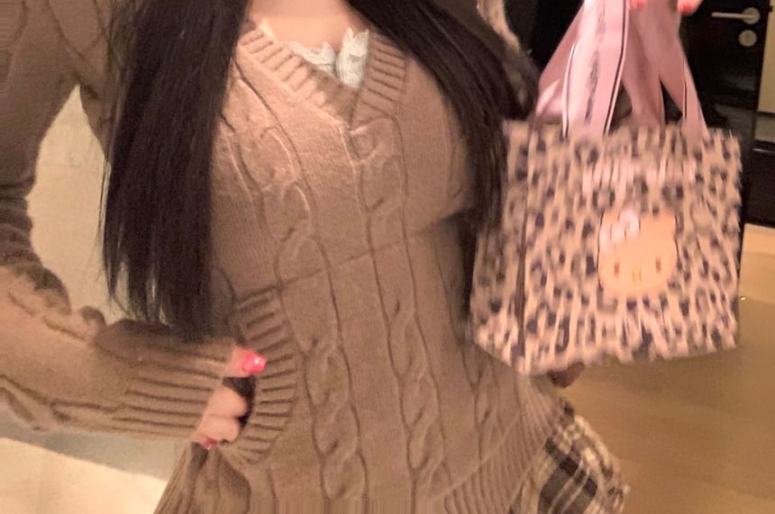 Cable-Knit V-Neck Solid Sweater