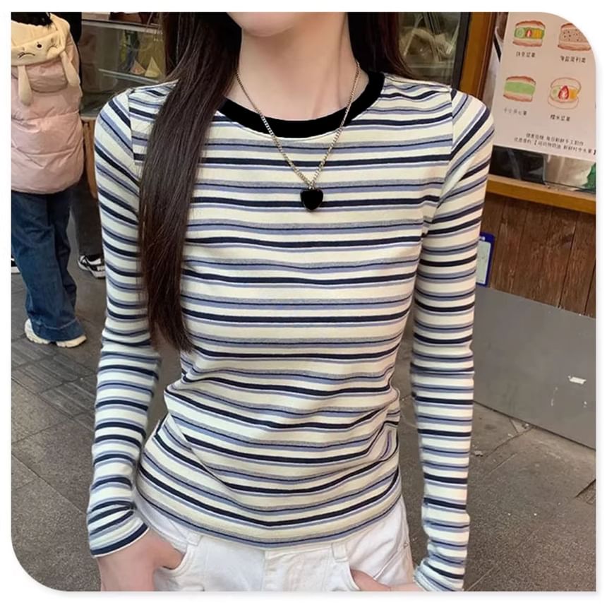 Crew-Neck Striped Slim-Fit Long-Sleeve Tee