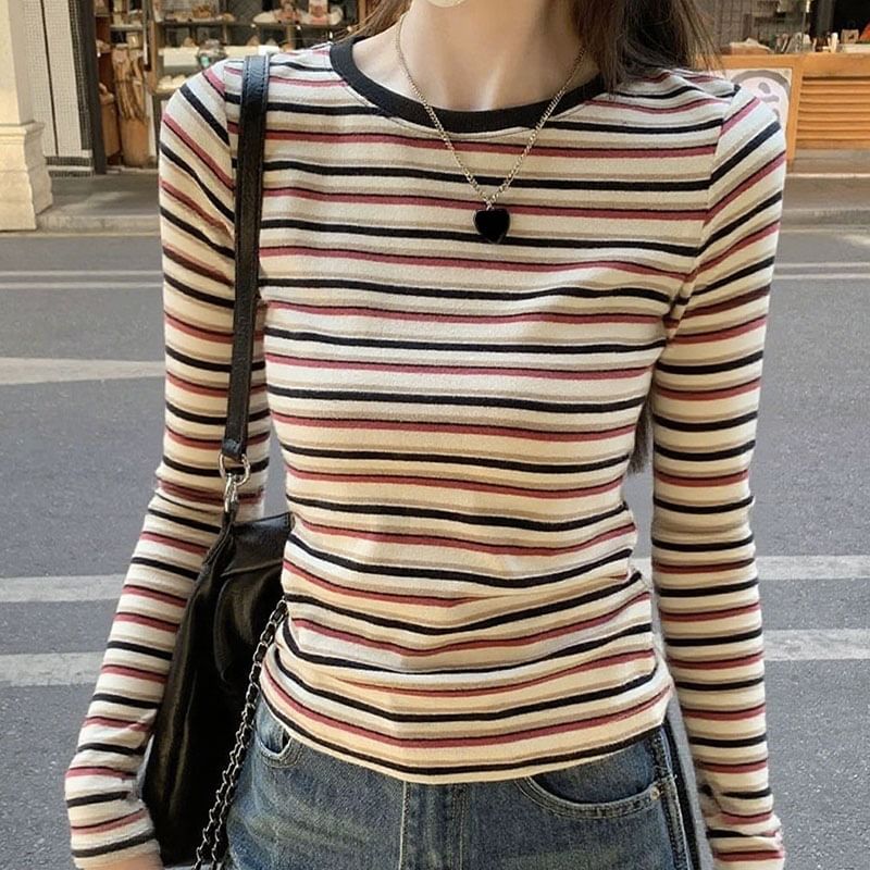 Crew-Neck Striped Slim-Fit Long-Sleeve Tee