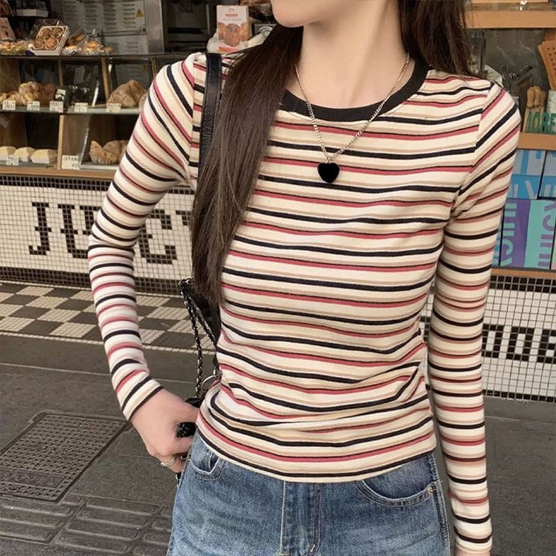 Crew-Neck Striped Slim-Fit Long-Sleeve Tee