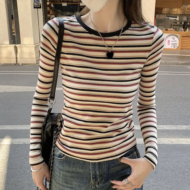 Crew-Neck Striped Slim-Fit Long-Sleeve Tee