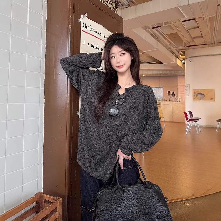Notch-Neck Melange Long-Sleeve T-Shirt