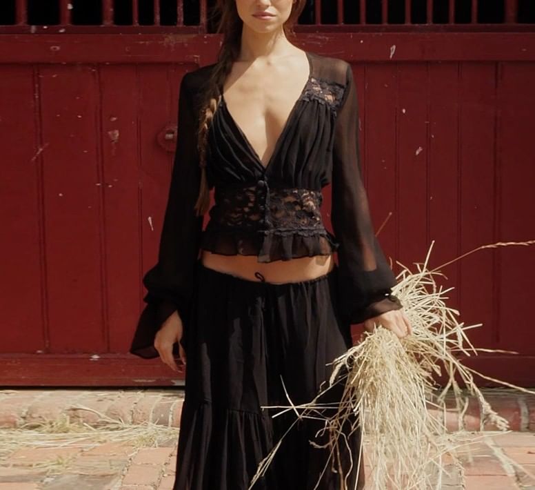 Bell-Sleeve Ruffled Blouse with Tiered Maxi Skirt Set
