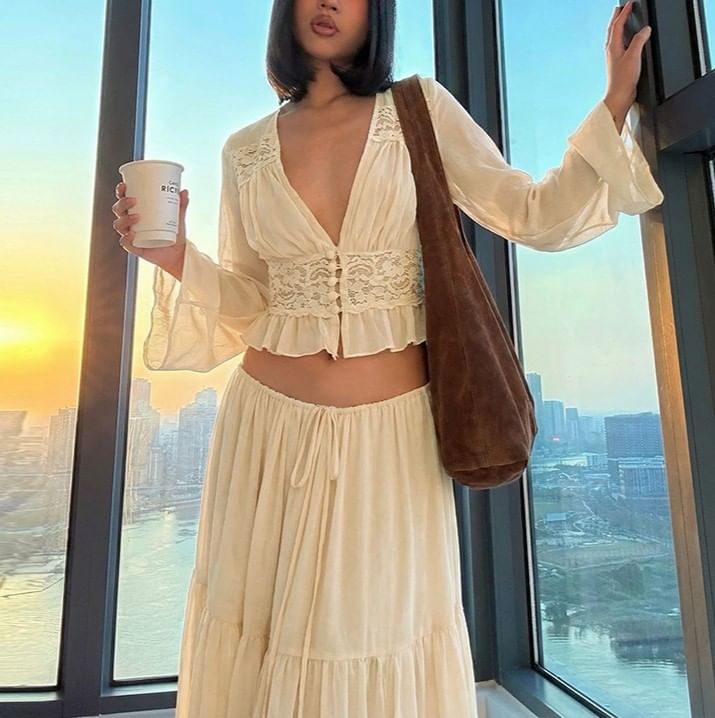 Bell-Sleeve Ruffled Blouse with Tiered Maxi Skirt Set