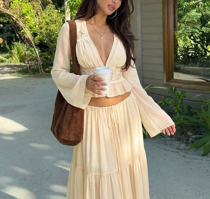 Bell-Sleeve Ruffled Blouse with Tiered Maxi Skirt Set