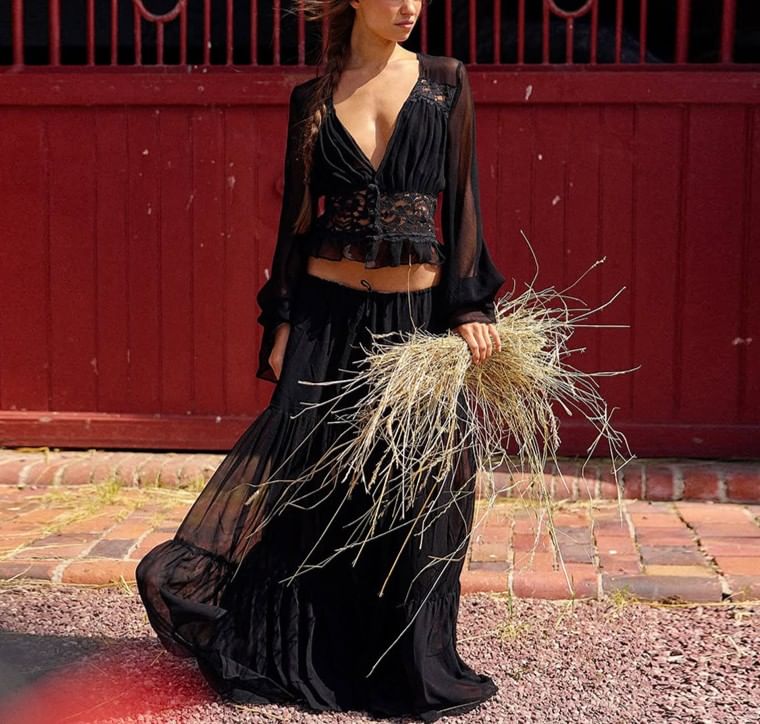 Bell-Sleeve Ruffled Blouse with Tiered Maxi Skirt Set