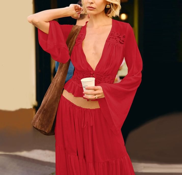 Bell-Sleeve Ruffled Blouse with Tiered Maxi Skirt Set