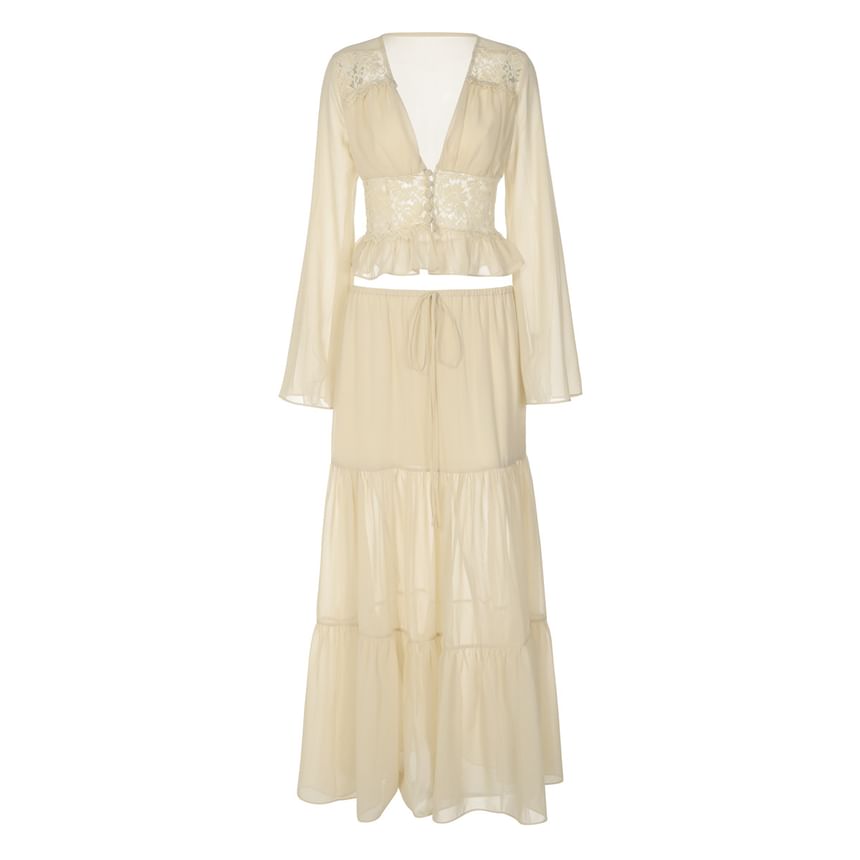 Bell-Sleeve Ruffled Blouse with Tiered Maxi Skirt Set