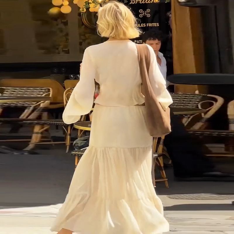 Bell-Sleeve Ruffled Blouse with Tiered Maxi Skirt Set