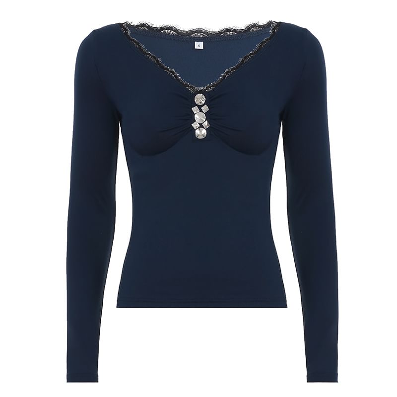 Rhinestone Lace-Trim V-Neck Slim-Fit Crop Long-Sleeve Tee