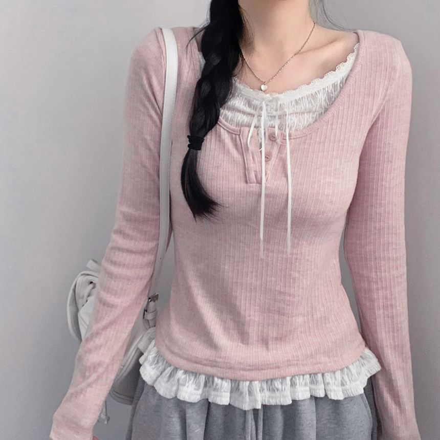 Lace-Panel Mock Two-Piece Ribbed-Knit Long-Sleeve Top