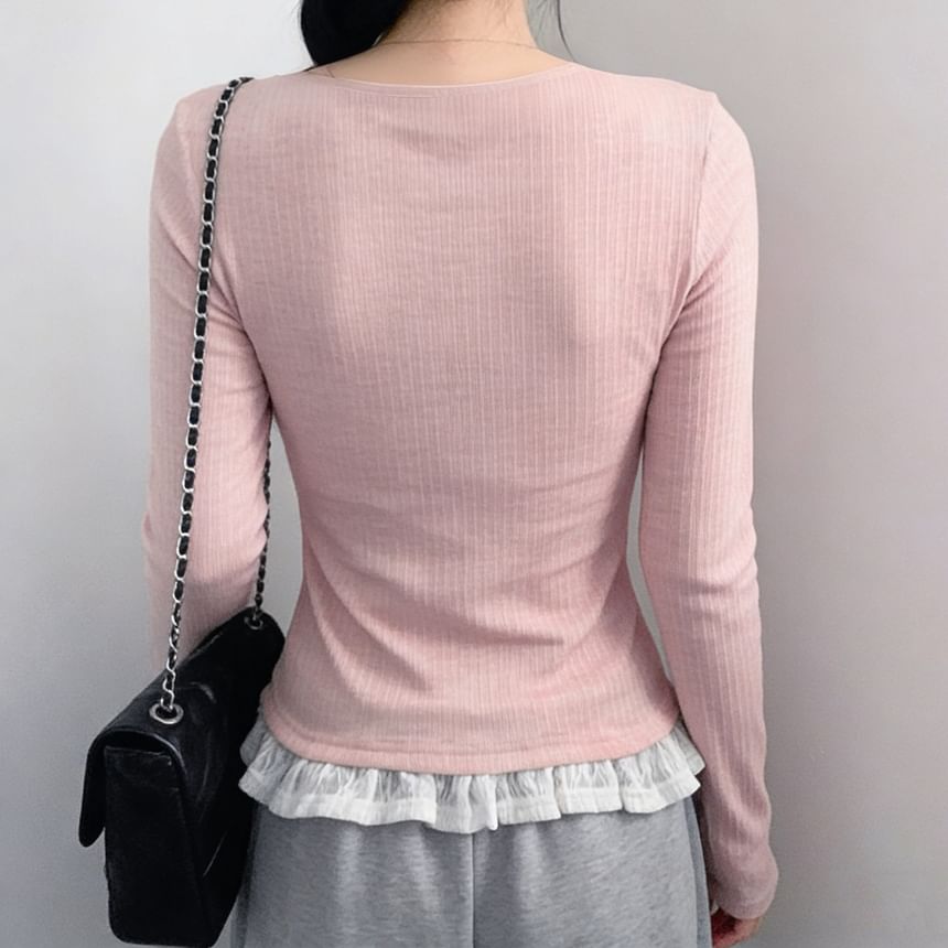 Lace-Panel Mock Two-Piece Ribbed-Knit Long-Sleeve Top