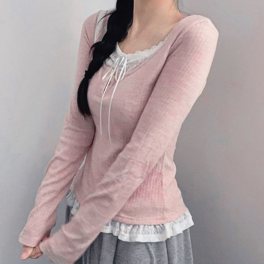 Lace-Panel Mock Two-Piece Ribbed-Knit Long-Sleeve Top